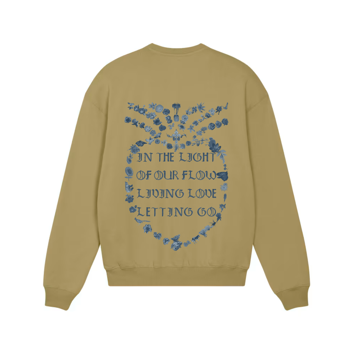 A faded olive green crewneck sweatshirt shown from the back, featuring a blue graphic print of a floral heart with the text 'IN THE LIGHT OF OUR FLOW LIVING LOVE LETTING GO'.
