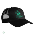 Black cap with green logo and text on a white background