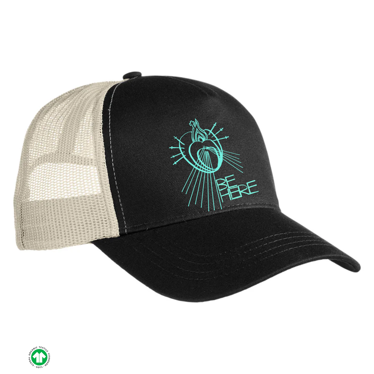 Black and beige trucker cap with a mint green logo on a white background