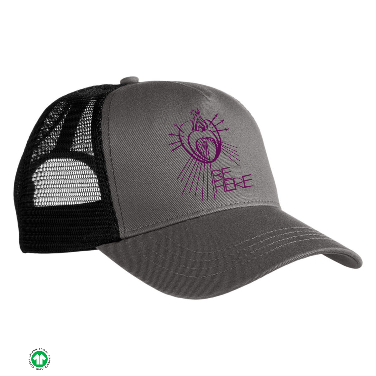 Gray and black cap with a red wine-colored logo and text on a white background