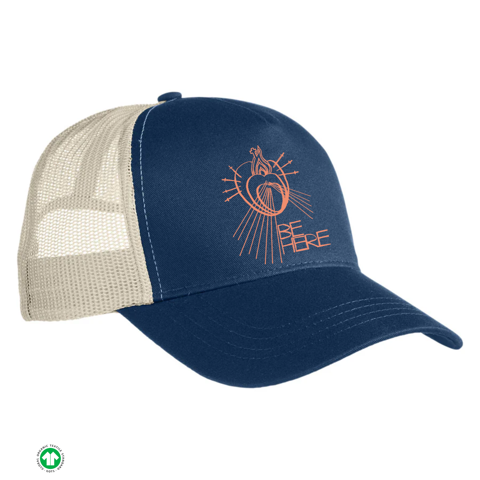 Dark Pacific ocean blue and beige mesh trucker cap with a logo on a white background