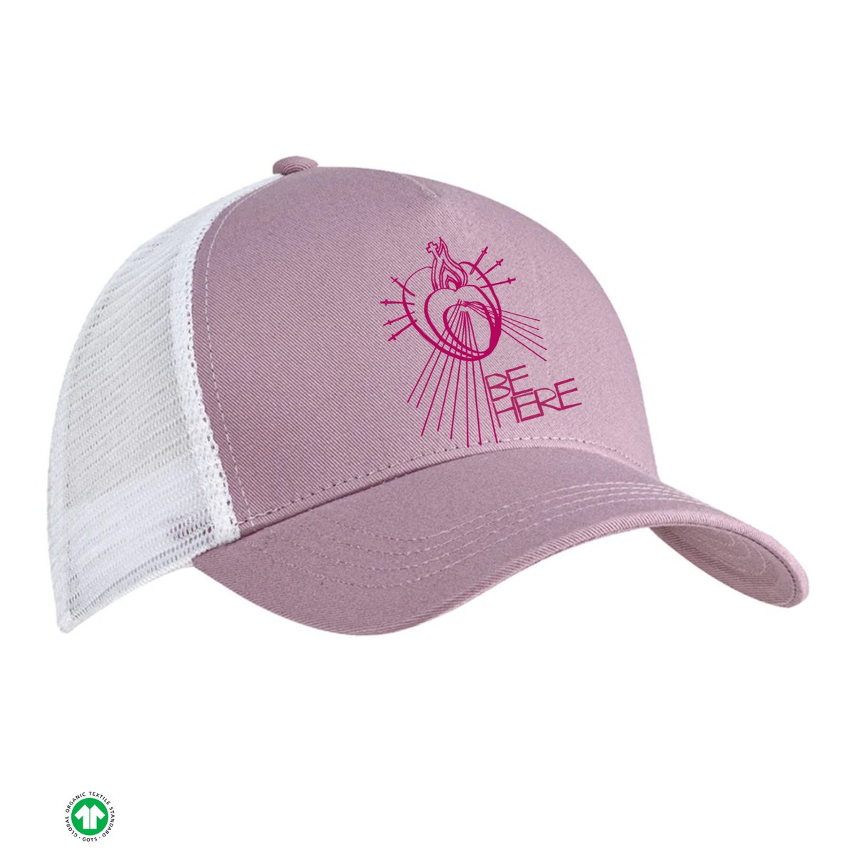 Lilac cap with white mesh back and dark fuschia logo on a white background