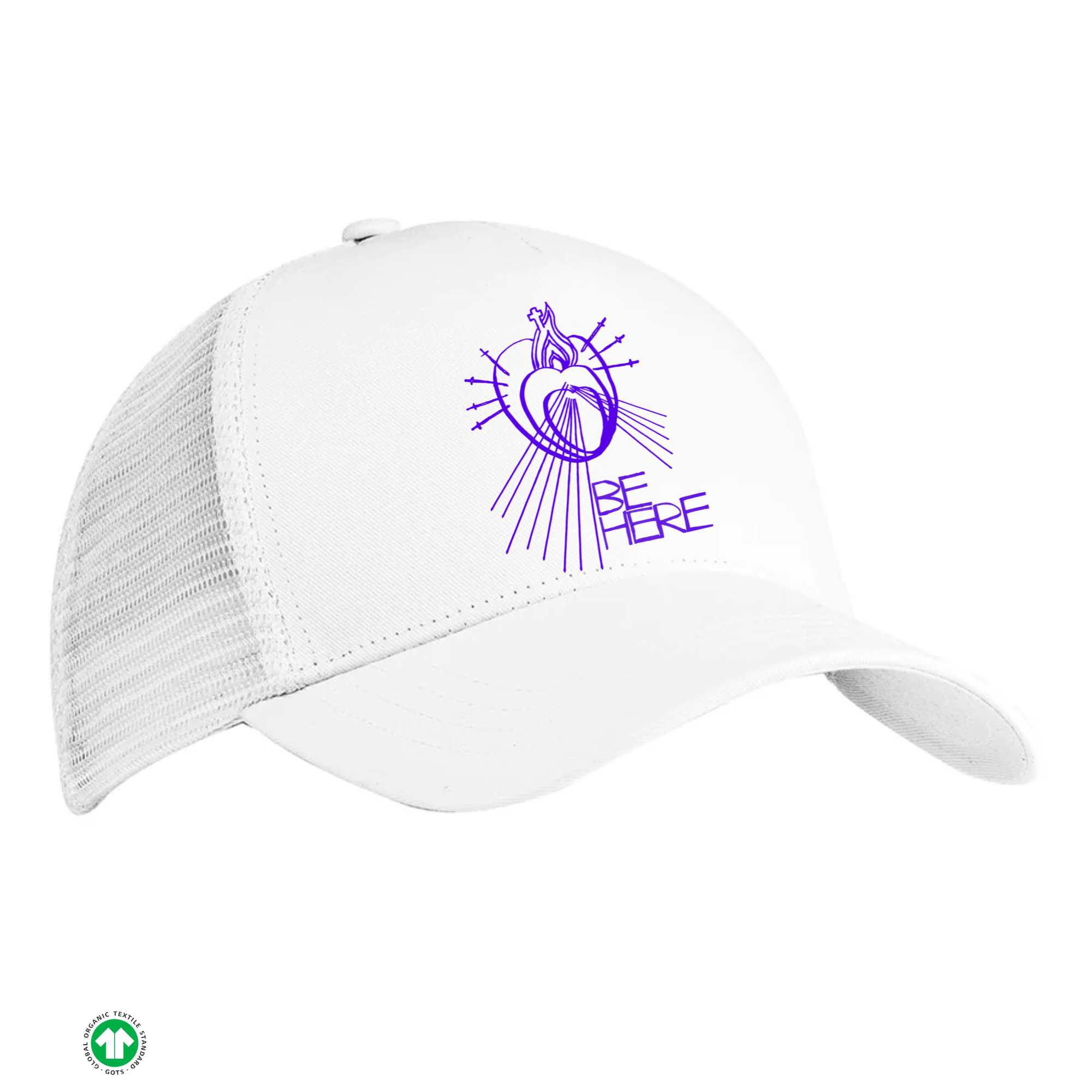 White cap with purple logo on a white background