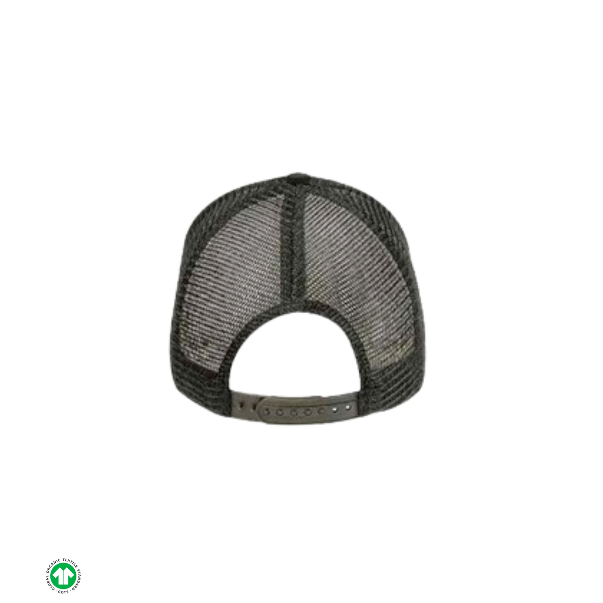 Back of black mesh cap on a white background